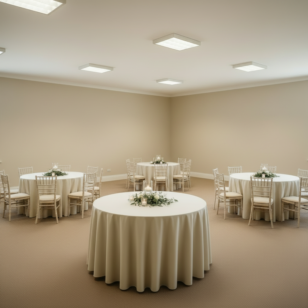 Reception space with ambient lighting and table settings