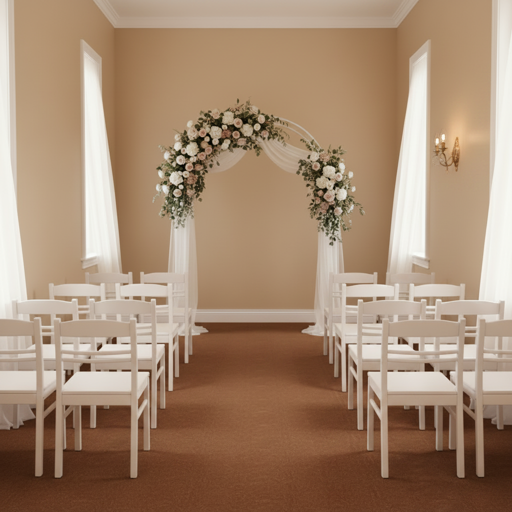 Elegant wedding ceremony arch with white florals and draped chapel setting